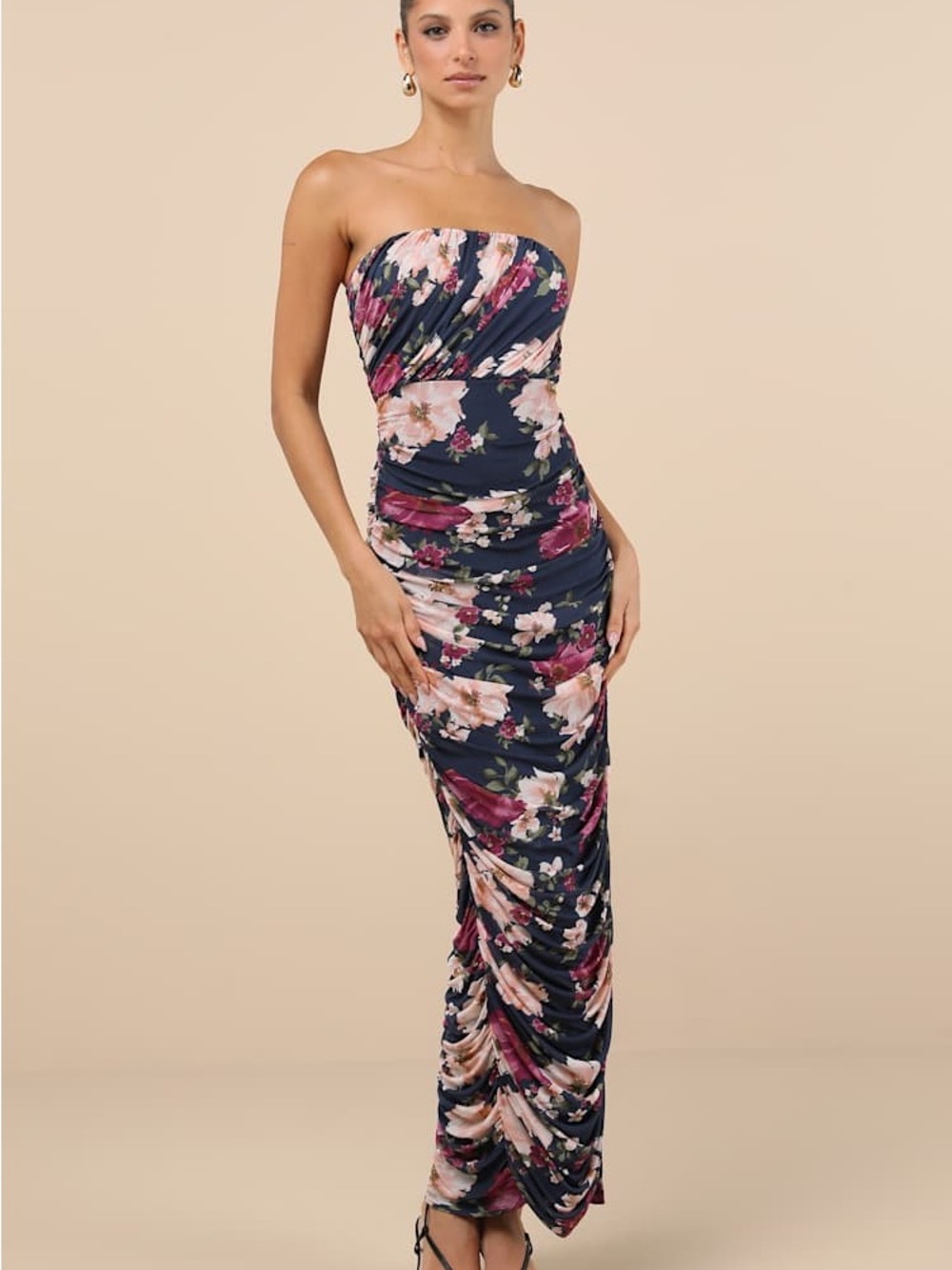 Lulu's Navy Strapless Floral Ruched Maxi Dress